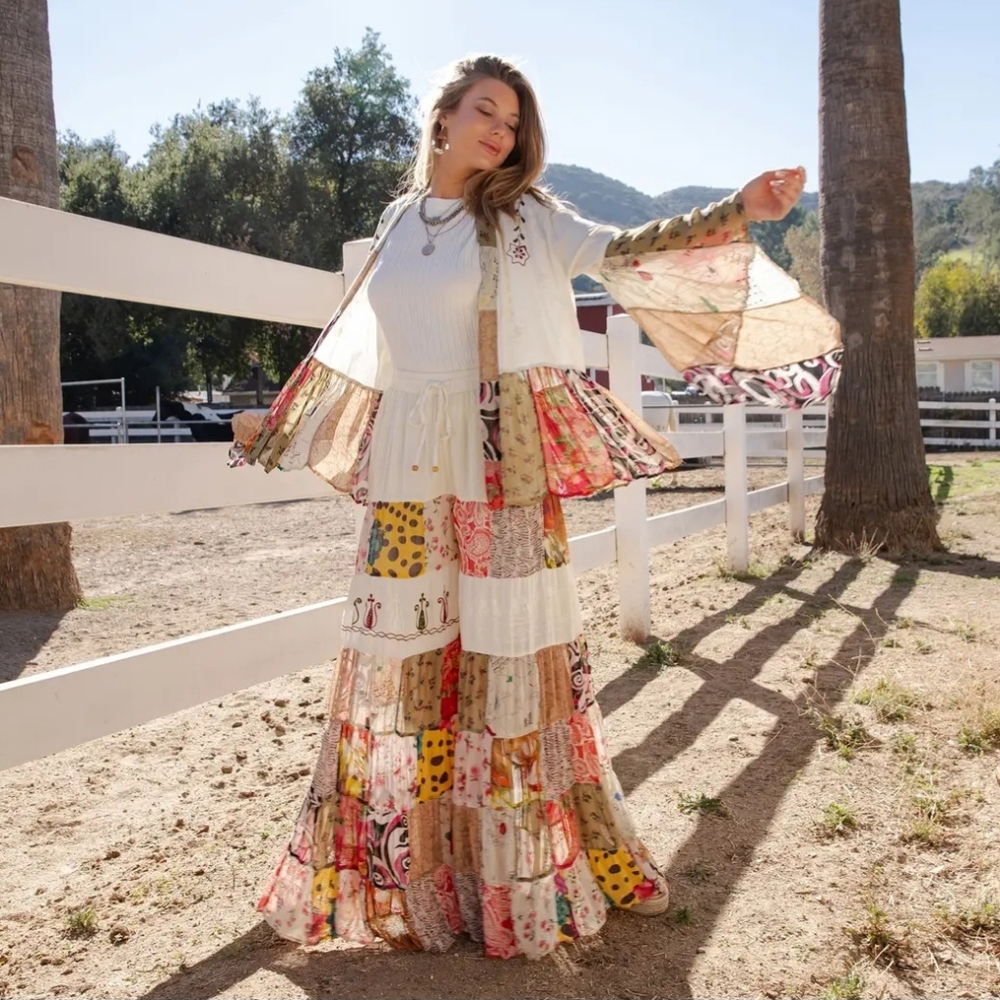 #1441 YT Sunlit Prairie Patchwork Palazzo Pants & Boho Kimono Set